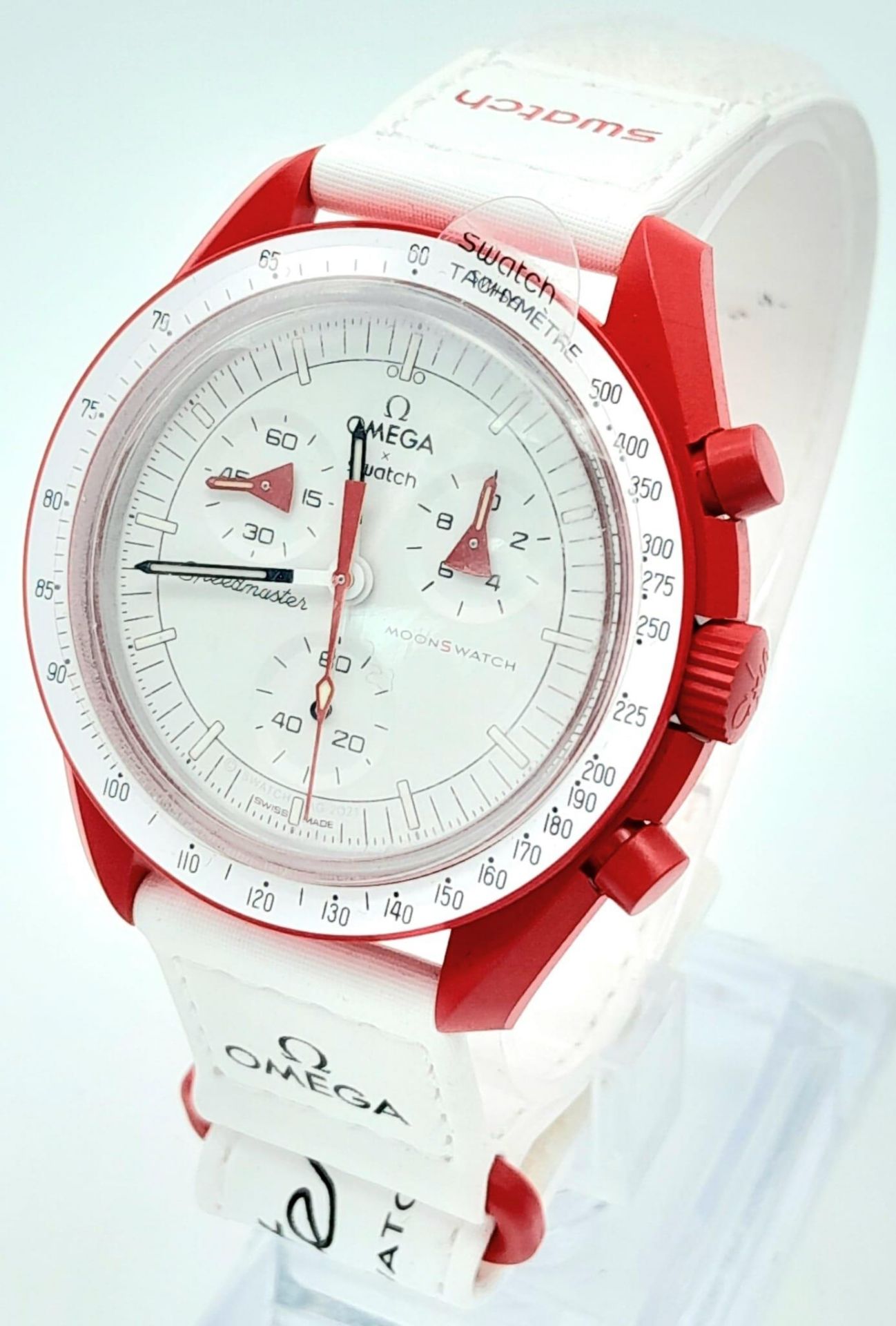 An Omega X Swatch Bioceramic Mission To Mars Chronograph Watch. Red ceramic case - 42mm. White