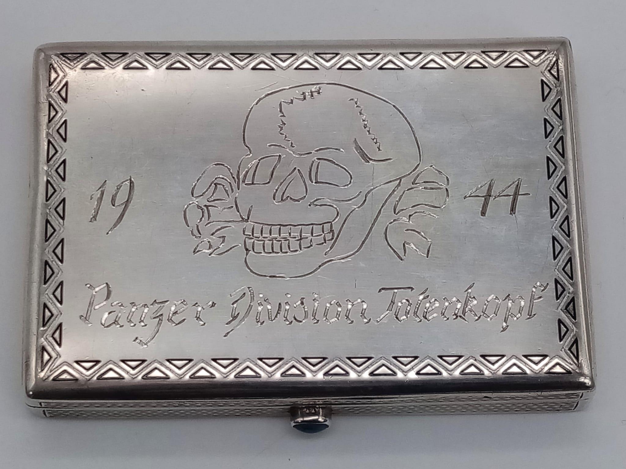 WW2 Austrian Hallmarked Silver Cigarette Case. Hand Engrave “1944 Panzer Division Totemkopf”