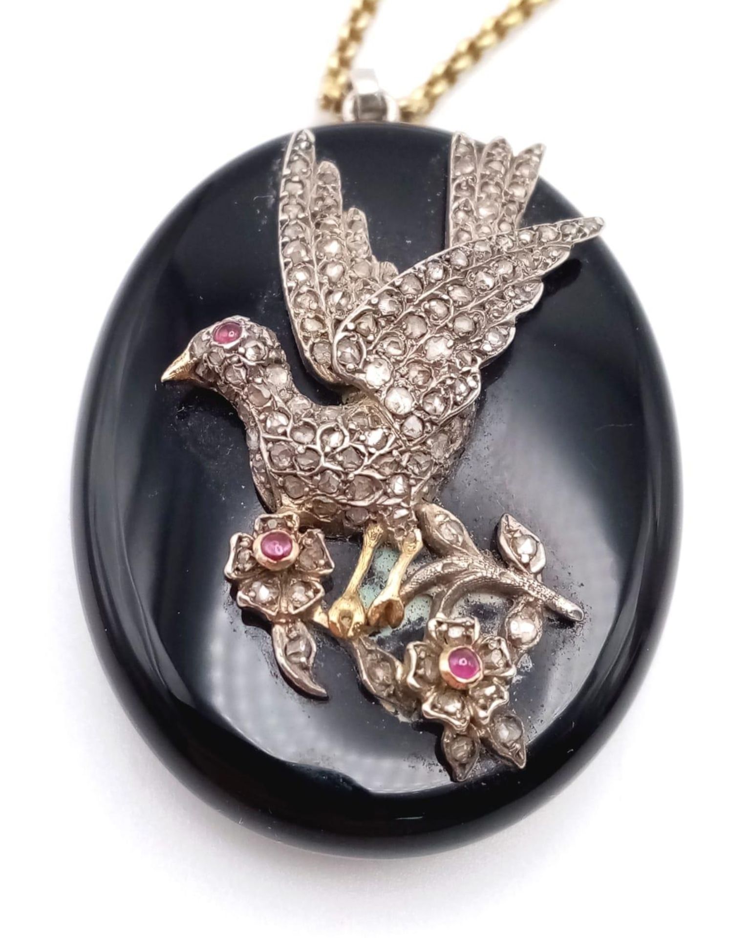 An Antique Victorian 9K Gold, Silver, Old-Cut Diamond and Ruby Decorative Dove Locket Pendant on - Image 2 of 10