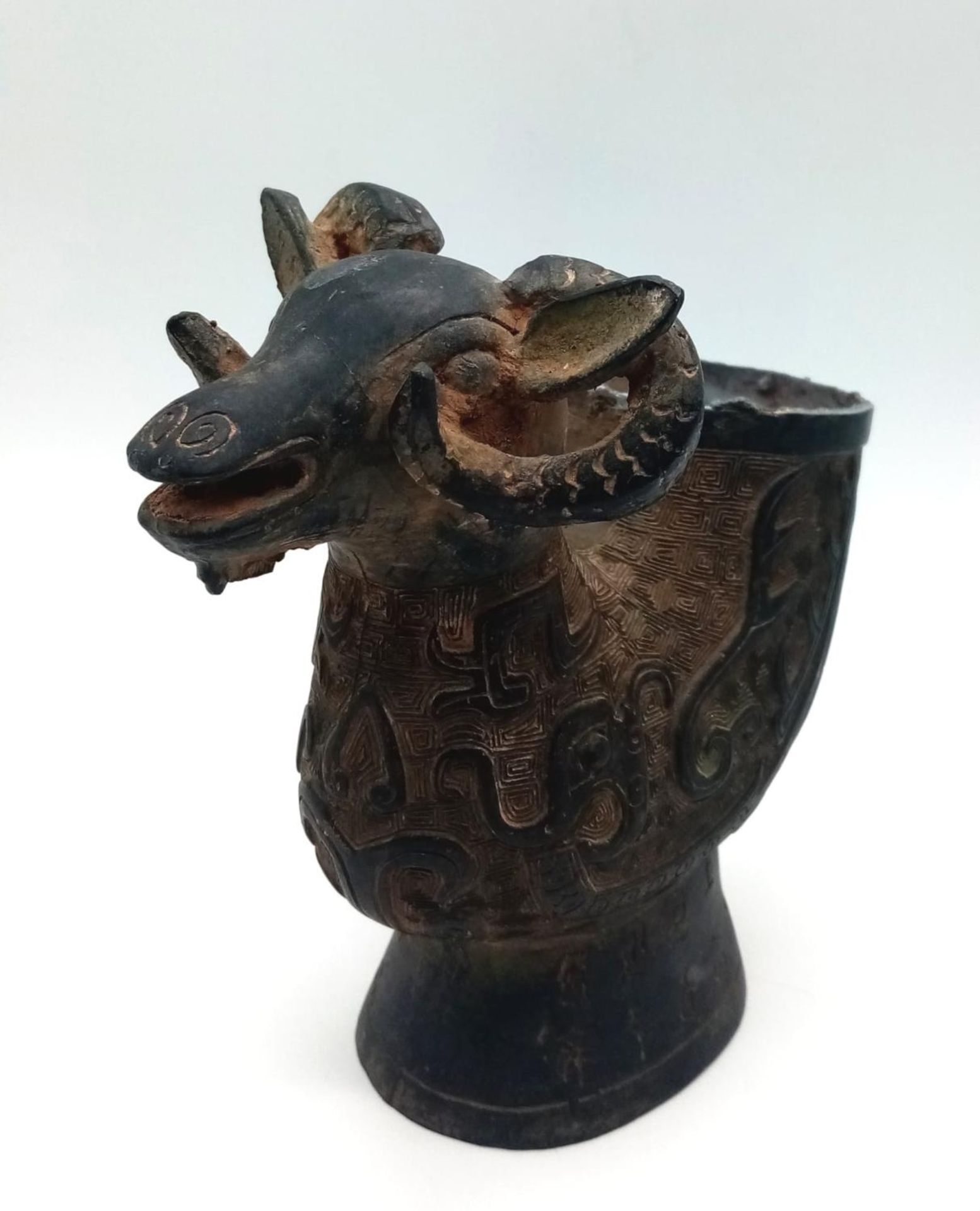 An Antique Chinese Bronze Ram's Head Lidded Drinking Vessel. Nice patina with ornate decorative work - Image 3 of 7