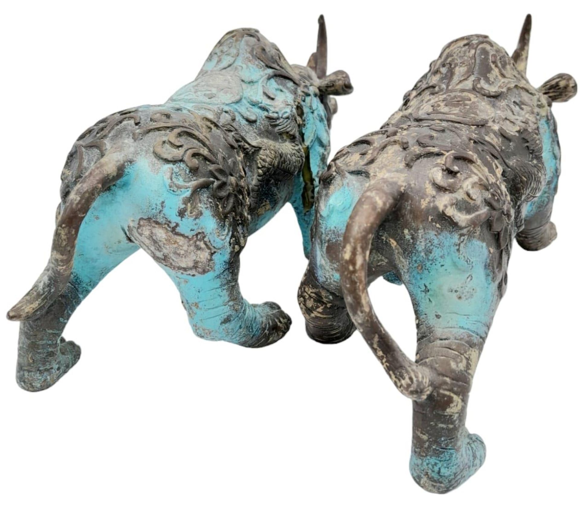 A PAIR OF VERY EARLY ANTIQUE CHINESE BRONZE WARE CEREMONIAL RHINOCEROSES WITH DRAGON ON FLANKS, - Image 5 of 8