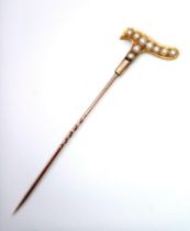 An Antique 9K Yellow Gold and Seed Pearl Stick Pin in the Form of a Walking Stick. 6.5cm length. 2.