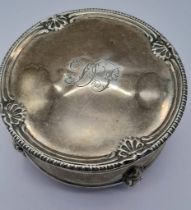 A Beautiful Antique Sterling Silver Trinket Circular Case. Monogram hinged lid, pedestal feet. 6cm