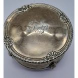 A Beautiful Antique Sterling Silver Trinket Circular Case. Monogram hinged lid, pedestal feet. 6cm