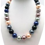 An Eye-Catching Multi-Colour South Sea Pearl Shell Necklace with Fancy Glitterball Clasp. Large 14mm