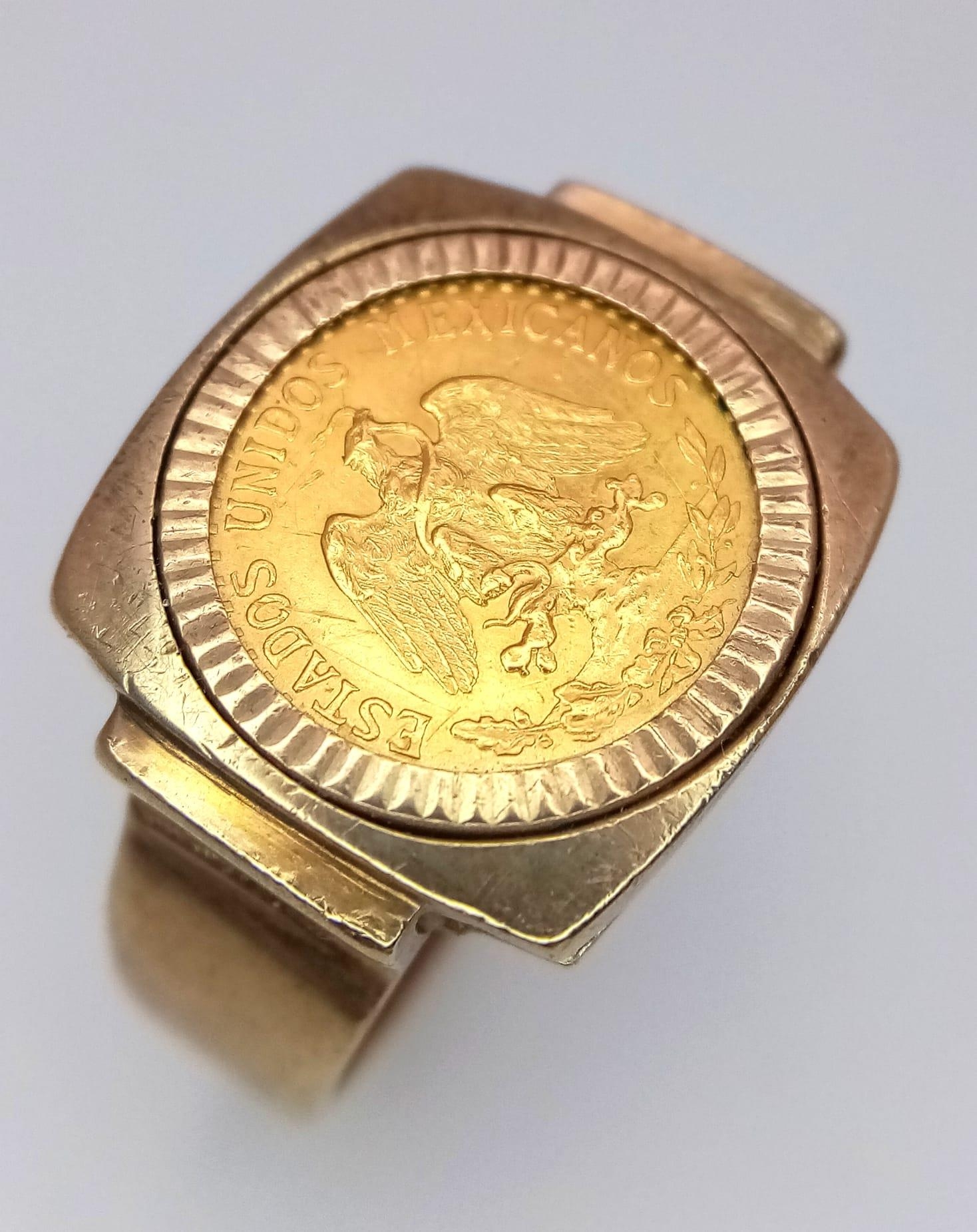An 18K Gold Dos Pesos Mexican Coin set in a 9K Gold Ring. 6.6g total weight. Size R. - Image 2 of 4