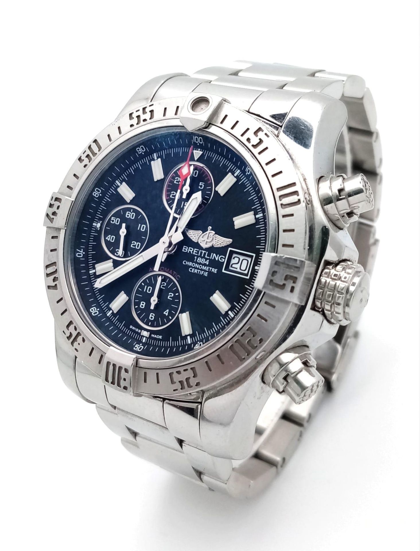 A Breitling Avenger II Chronograph Gents Watch. Stainless steel bracelet and case - 43mm. Black dial