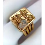 A Vintage 9K Yellow Gold Four Band Signet Ring with Chinese Decoration. Size M. 9.55g weight. Ref: