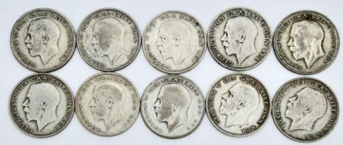 Ten Pre 1947 Silver Half Crown Coins. Please see photos for conditions.