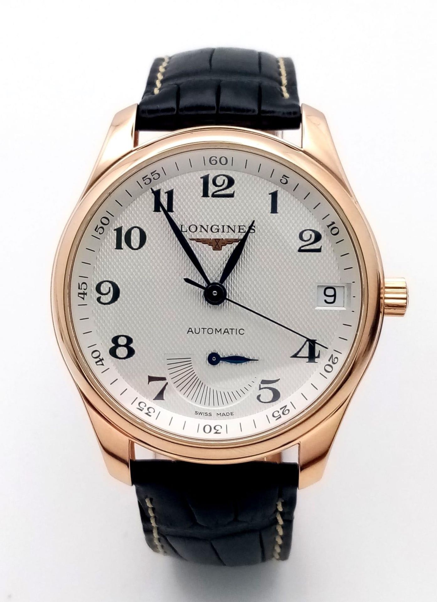 A Glorious Longine 18K Rose Gold Automatic Gents Watch. Black Alligator leather strap. 18K rose gold - Image 2 of 9