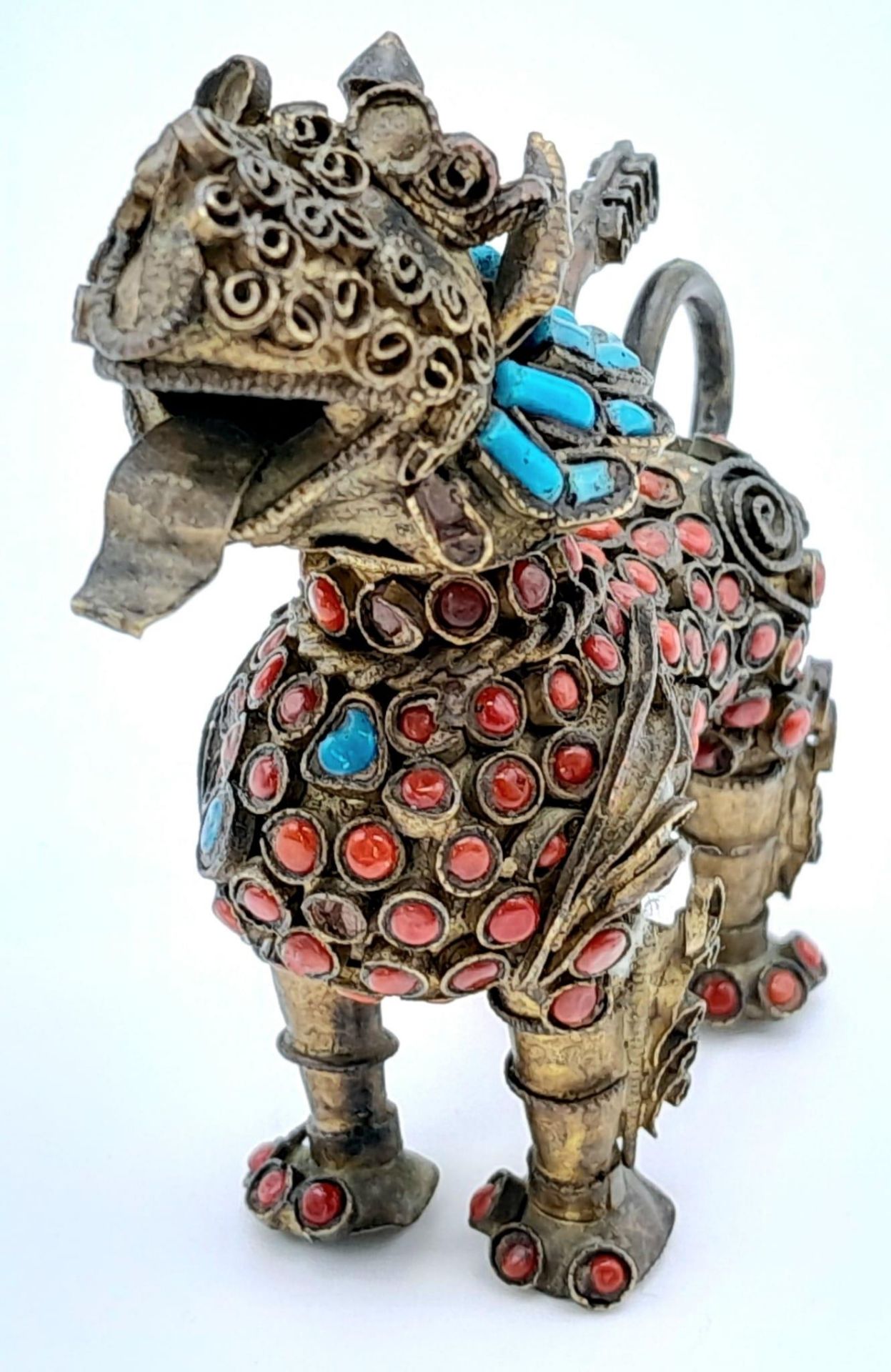 A Rare Antique, Coral and Turquoise Highly Detailed, Gilt Chinese Dog of Foo Snuff Bottle 6cm - Image 2 of 5