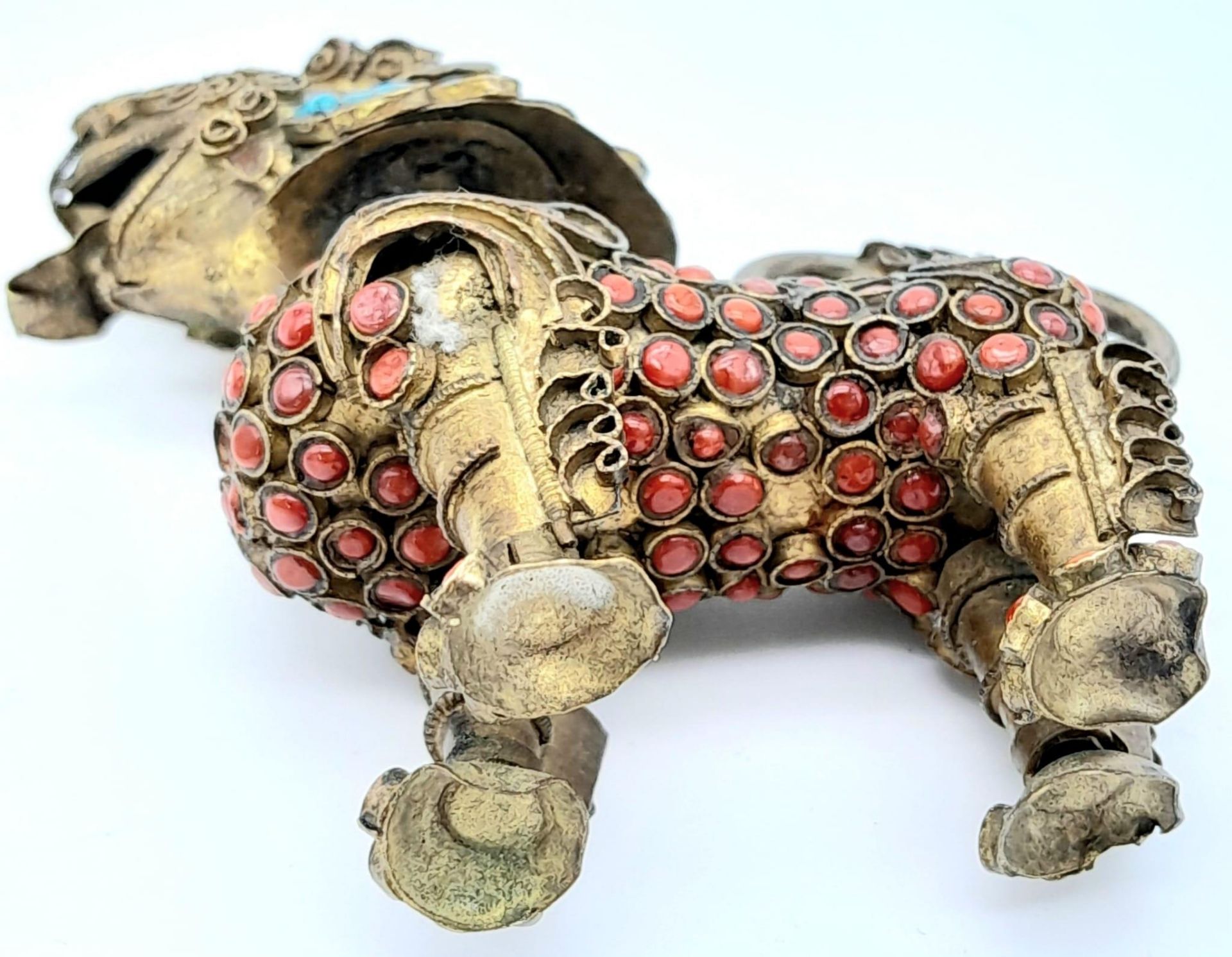 A Rare Antique, Coral and Turquoise Highly Detailed, Gilt Chinese Dog of Foo Snuff Bottle 6cm - Image 5 of 5