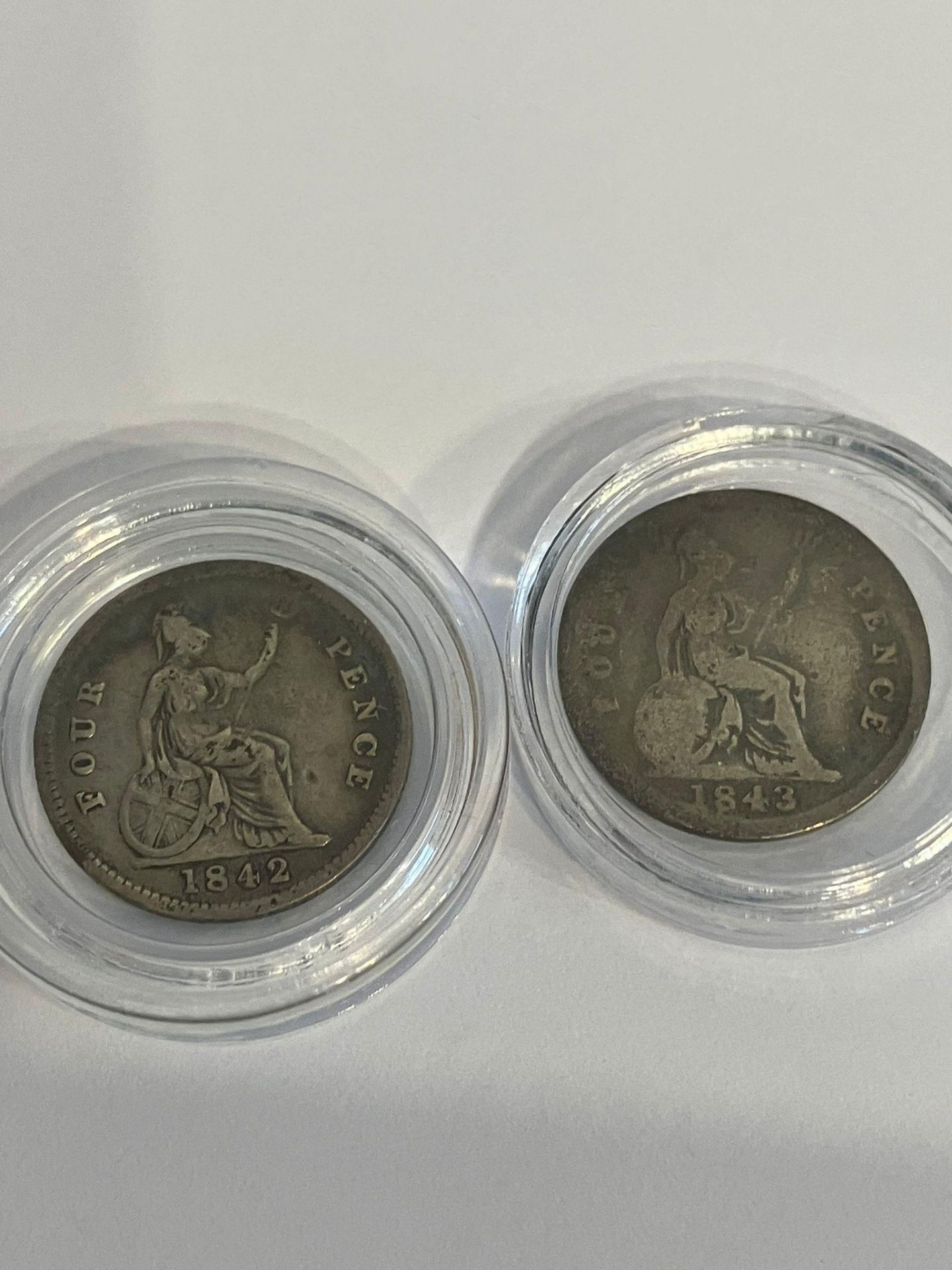 2 x Victorian SILVER GROATS (four penny coins). Consecutive years 1842 and 1843. Fine condition.