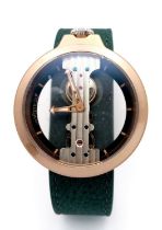 A Verticale Mechanical Top Winder Gents Watch. Green leather strap. Ceramic gilded skeleton case -