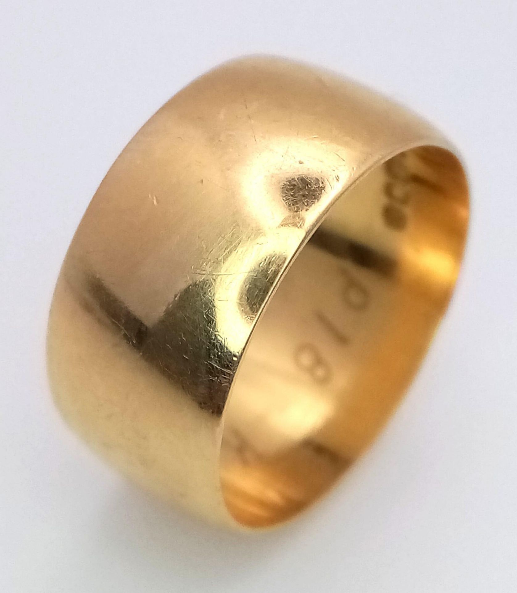 A Vintage 18K Yellow Gold Band Ring. 8mm width. Size K. 5.3g weight. Full UK hallmarks. - Image 2 of 4