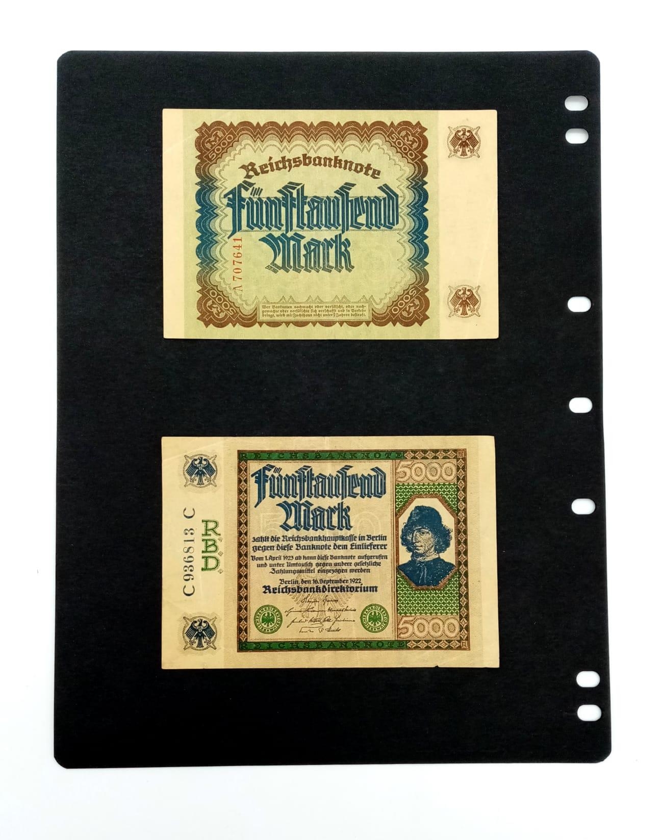 Two German 1923 5000 Mark Currency Notes. In excellent condition but please see photos. - Image 2 of 2