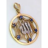 A 18K YELLOW GOLD DIAMOND & SAPPHIRE SET ALLAH PENDANT. TOTAL WEIGHT 3.1G