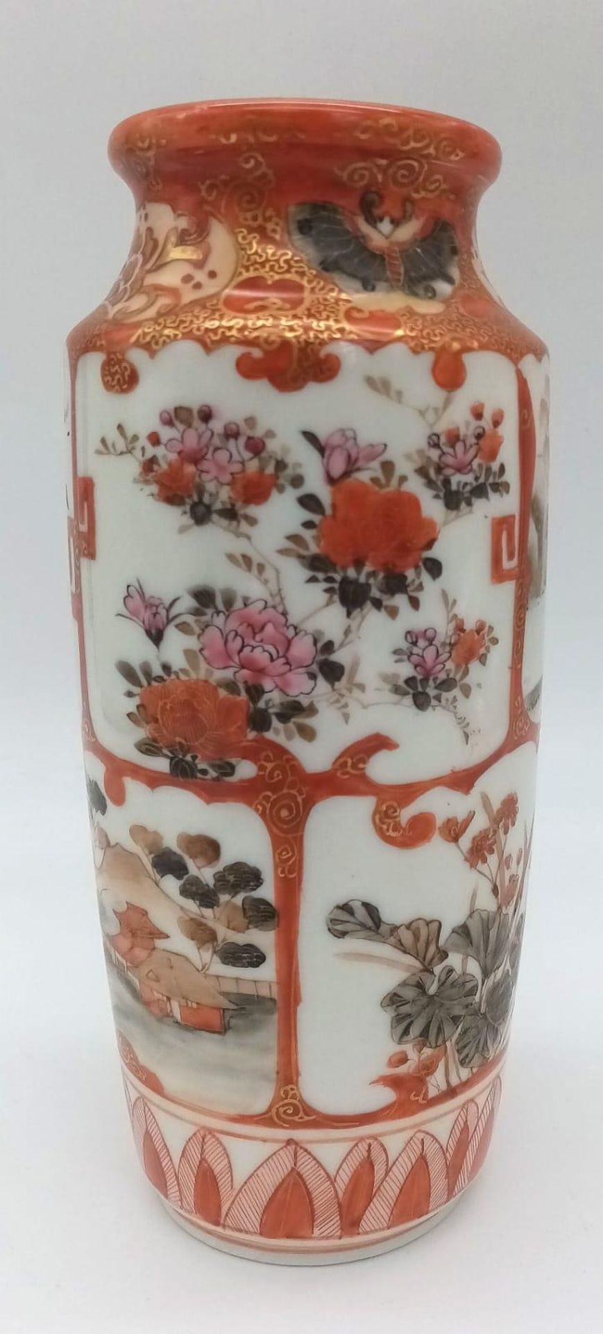 A SMALL SATSUMA VASE WITH ORIENTAL THEMED PATTERNS . 17cms TALL - Image 2 of 6