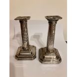 Antique pair of SILVER PILLAR CANDLESTICKS. Clear hallmark for James Dixon and Sons, Sheffield 1906.