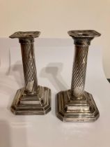 Antique pair of SILVER PILLAR CANDLESTICKS. Clear hallmark for James Dixon and Sons, Sheffield 1906.