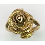 A Vintage 9K Yellow Gold Floral Ring. A decorative ornate central rose. Size L. 5.3g weight.