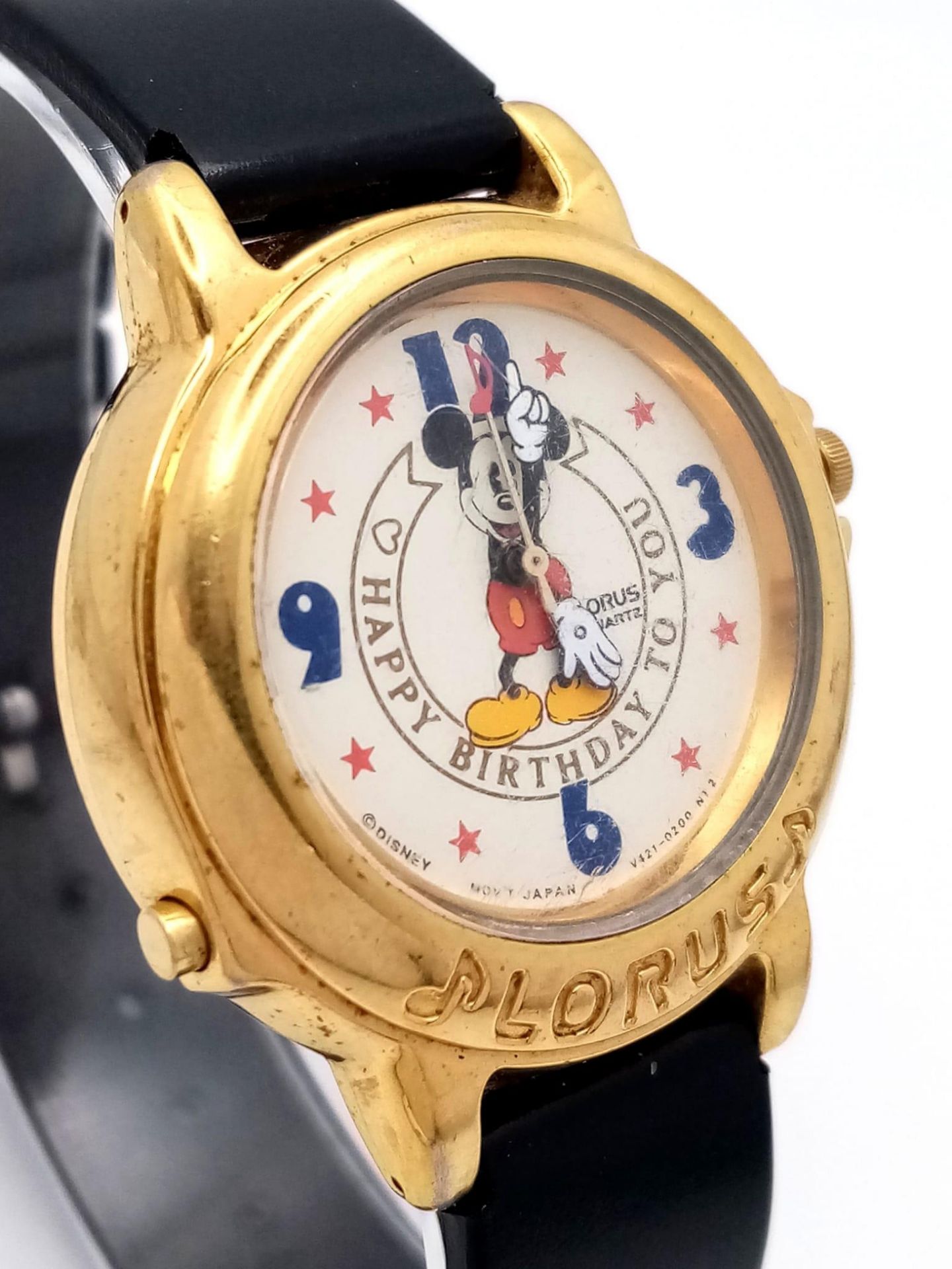 A Lorus Mickey Mouse Happy Birthday Quartz Watch. Black leather strap. Gilded case - 33mm. Mickey - Image 2 of 4