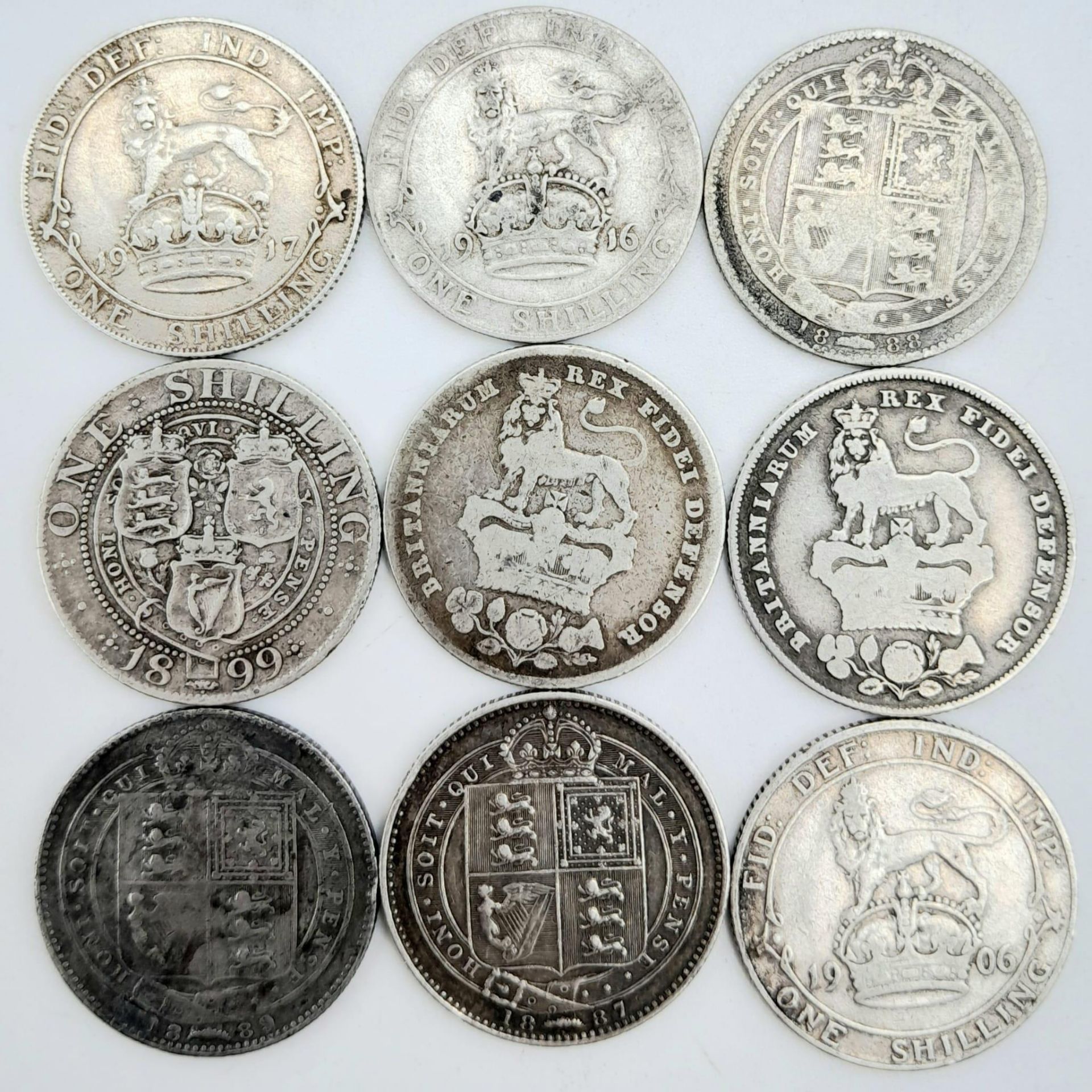 Nine Pre 1920 Silver British Shilling Coins - Please see photos for finer details. - Bild 2 aus 3