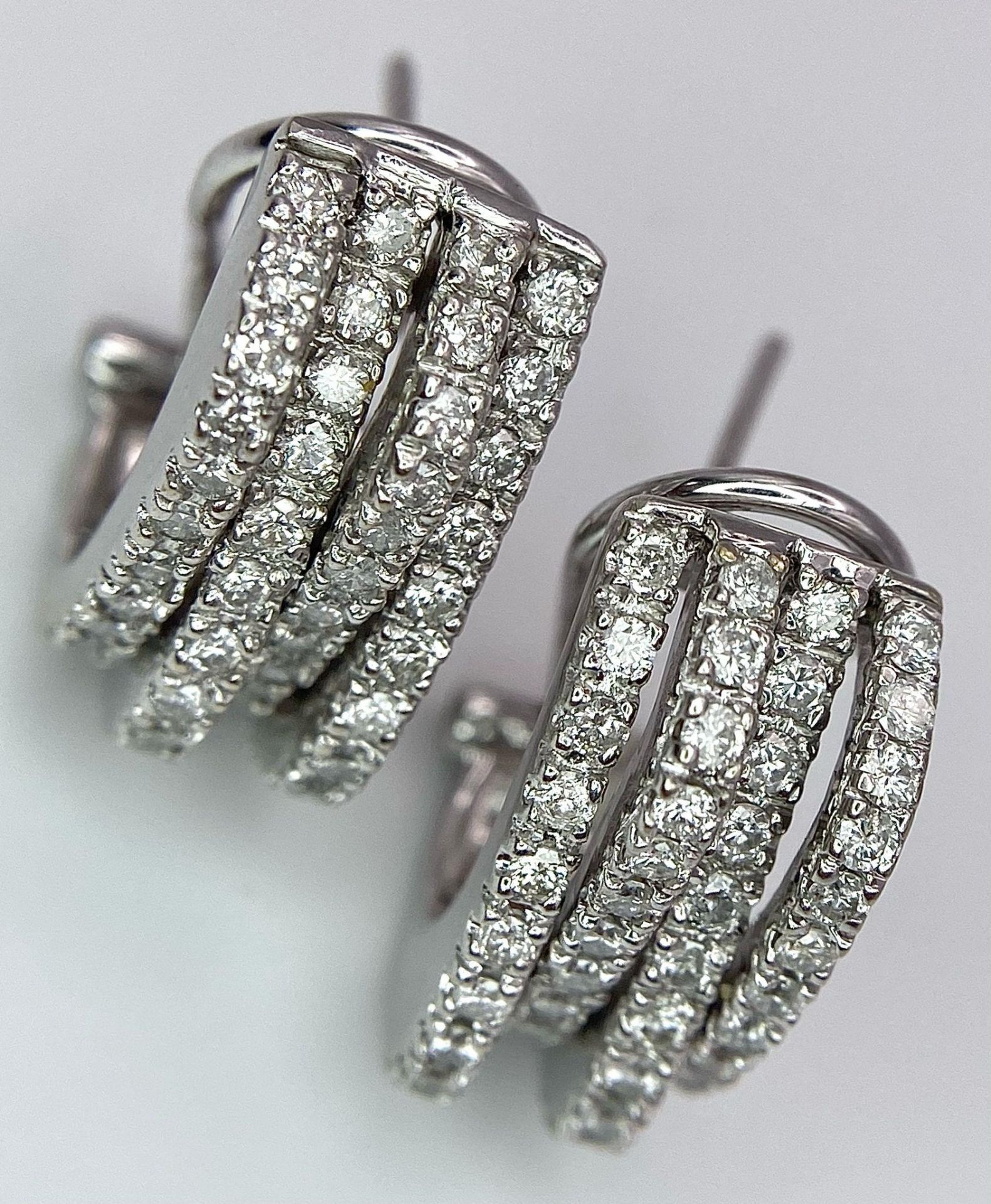 A PAIR OF 18K WHITE GOLD DIAMOND EARRINGS. TOTAL WEIGHT 9.8G - Image 3 of 9
