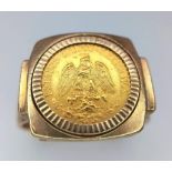 An 18K Gold Dos Pesos Mexican Coin set in a 9K Gold Ring. 6.6g total weight. Size R.