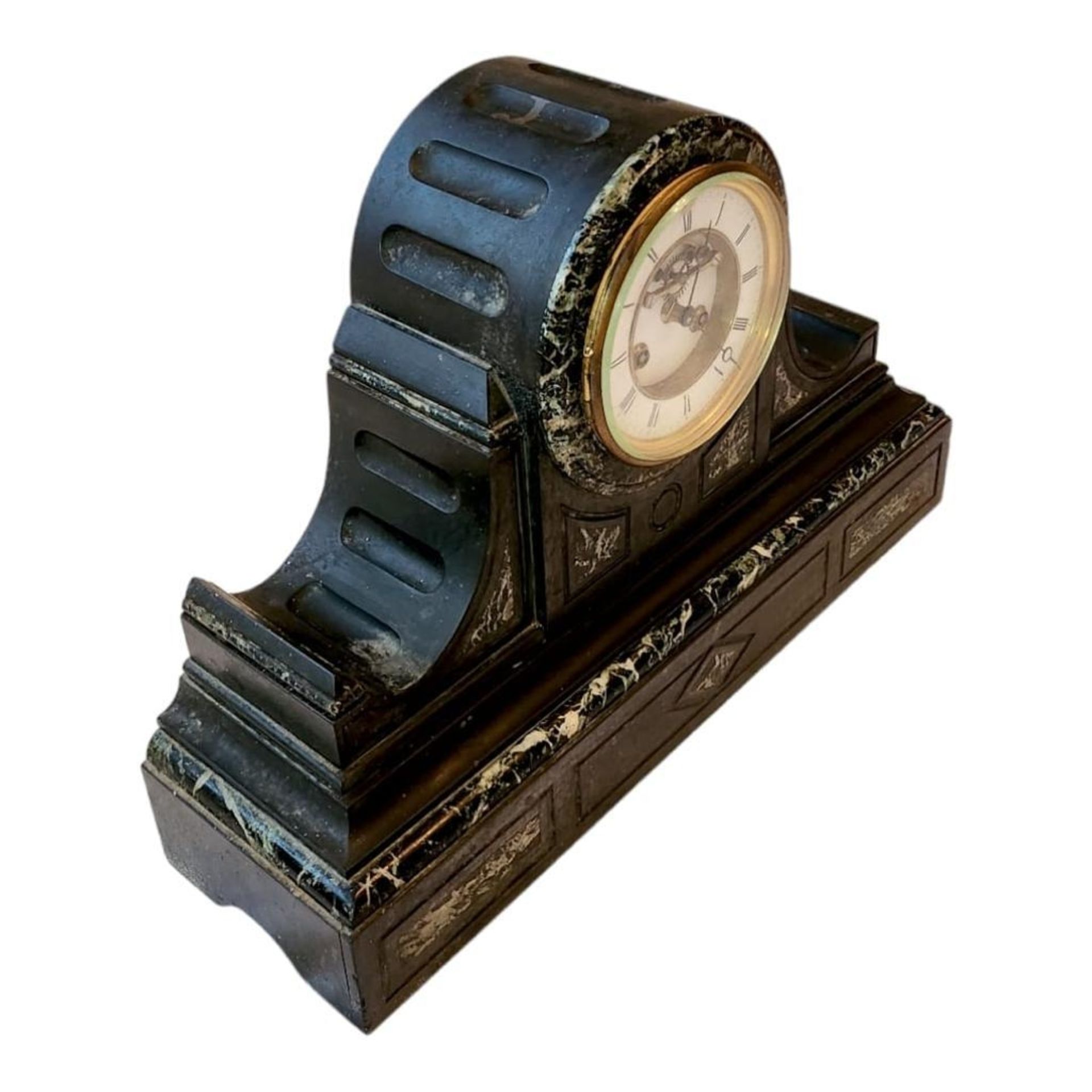 A Victorian Slate Mantel Clock with Eight Day French Bell Strike Movement and Visual Escapement. - Image 4 of 13