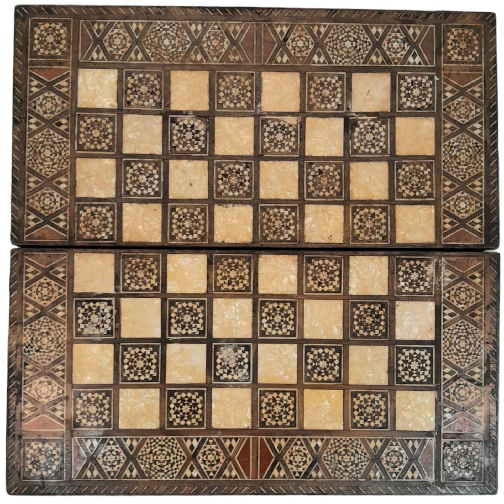 A Vintage Inlaid Mother of Pearl and Decorative Wood Reversible Chess Board and Backgammon Case.