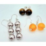 Three Pairs of Different Style 925 Silver Earrings - Orange jade, Tigers eye and Lavender pearl