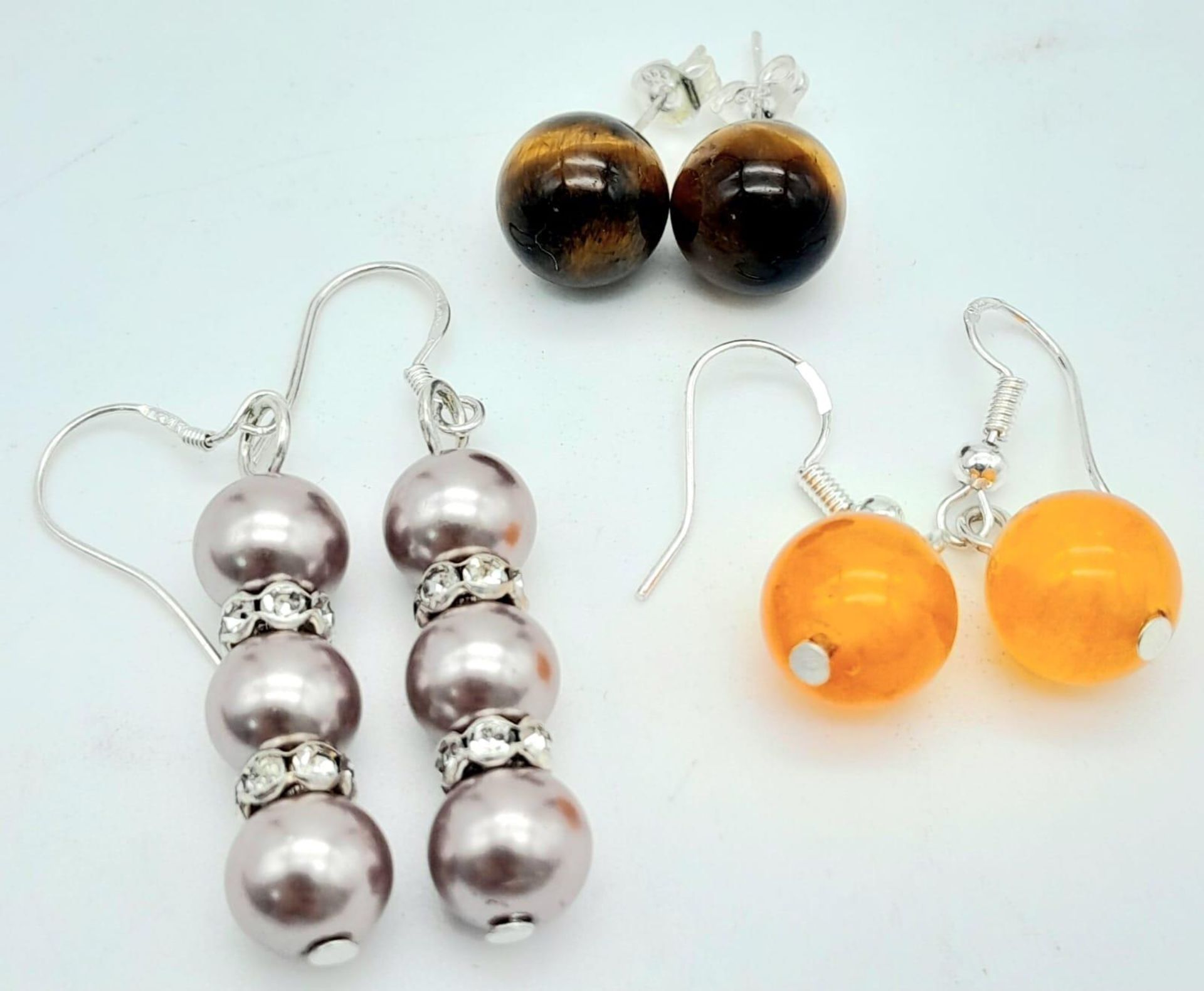 Three Pairs of Different Style 925 Silver Earrings - Orange jade, Tigers eye and Lavender pearl