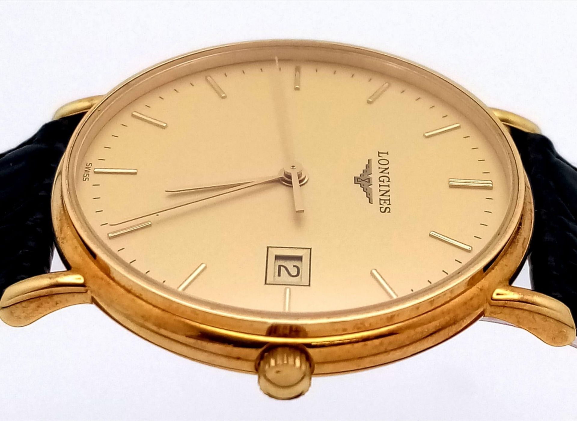 A Longine 18K Gold Cased Gents Watch. Black leather strap. 18k gold case - 33mm. Gilded dial with - Bild 7 aus 11