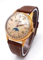 A VINTAGE "VULCAIN" EFEMERED MOON PHASE MID SIZE WATCH ON BROWN LEATHER STRAP . 32mm