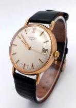 A VINTAGE 9K GOLD LONGINE GENTS WATCH ,MANUAL MOVEMENT IN ORIGINAL BOX WITH LOGINE BOOKLET .(HAS A