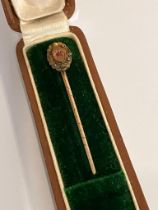 Antique RUBY SET GOLD STICK/TIE PIN. Having marking for 15 carat GOLD. Complete with original case.