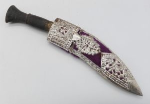 A Vintage and Scarce Nepalese ‘Kothamora’ Kukri Presentation Knife. Indian Silver Detailed Scabbard.