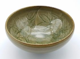 An Antique Chinese Celadon Peony Porcelain Bowl. Wonderful floral pattern with green foliage