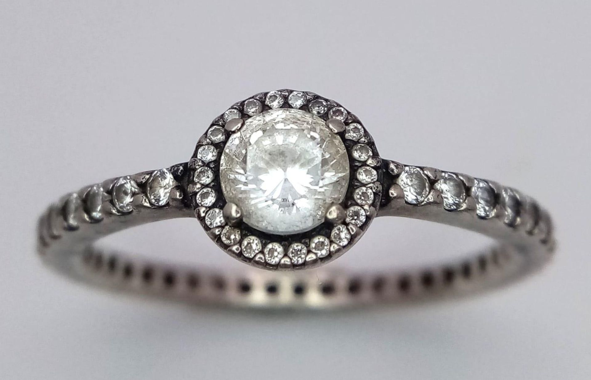 A fancy 925 silver Pandora Zirconia solitaire ring with full eternity round CZ. Total weight 2. - Image 2 of 4