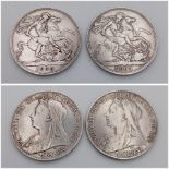 Two Queen Victoria Silver Crown Coins - 1899 and 1900. Please see photos for conditions.