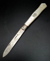 An Antique Hallmarked 1896/7 Silver Pearl Handle Penknife. 14cm Length. Leaf Detailed Blade and