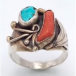 A Vintage, or Older, Unique Men’s Turquoise and Coral Ornate Silver Ring Size W. Crown measures