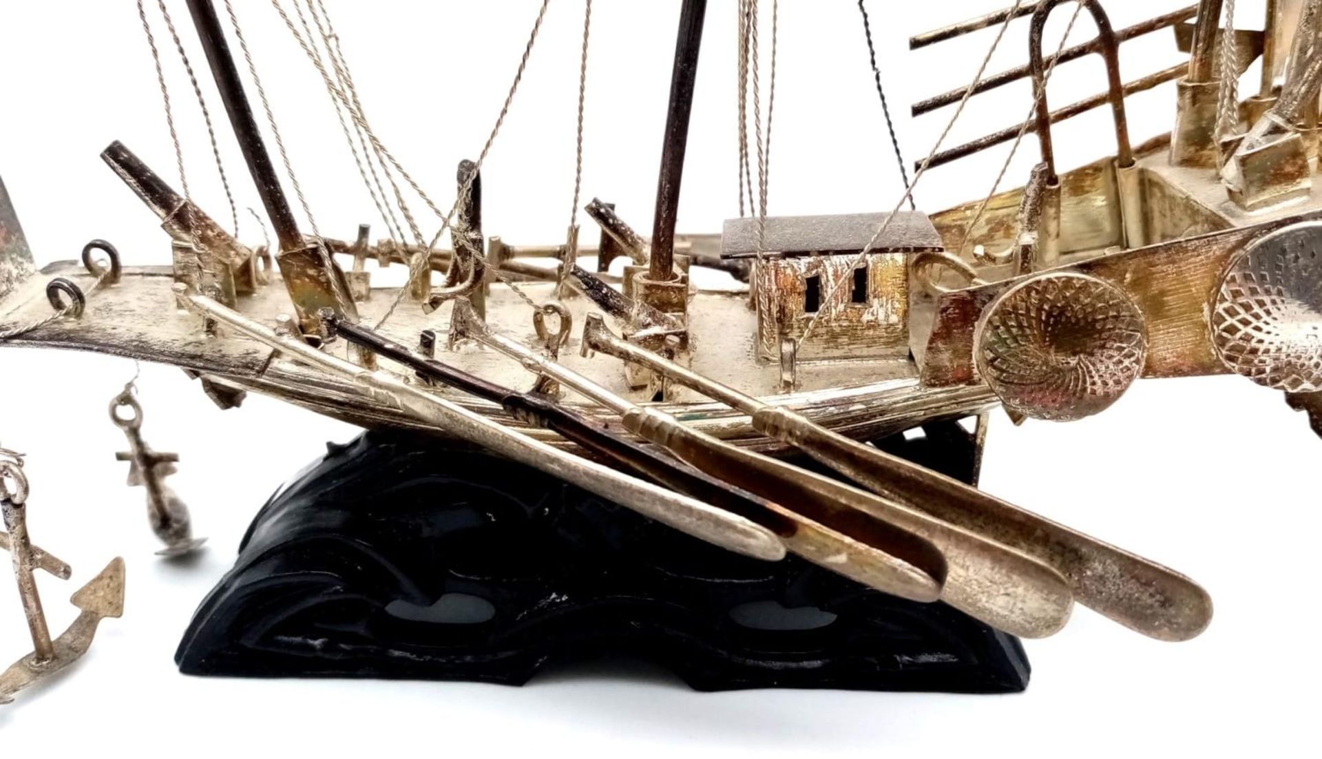 Early Chinese Silver (tested) Warship Model. Excellent detail with rigging, cannons and oars. - Bild 5 aus 5