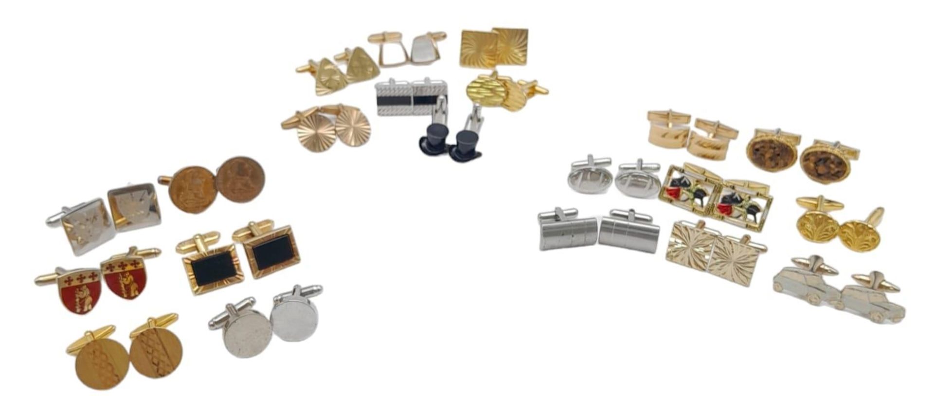 Collection of 20 pairs of metal cufflinks. A variety of designs, shapes, gold tone and silver tone. - Image 2 of 5
