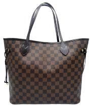 A Louis Vuitton Damier Ebene 'Neverfull' Bag. Leather exterior with gold-toned hardware, two thin