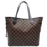 A Louis Vuitton Damier Ebene 'Neverfull' Bag. Leather exterior with gold-toned hardware, two thin
