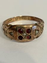 Antique 9 carat ROSE GOLD RING set with GARNETS and SEED PEARLS. Full hallmark for Charles