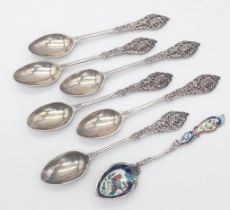 A Set of Six Antique Ornate Silver Teaspoons with a Beautiful Enamel Silver Teaspoon. Hallmarks