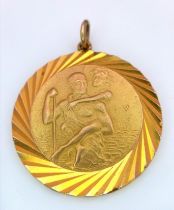 A Vintage 9K Yellow Gold St. Christopher Pendant. 32mm diameter. 8.8g weight.